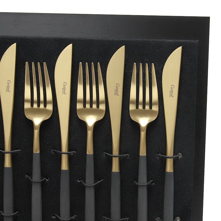 クチポール（Cutipol） GOA/ゴア ブラックマットゴールド ディナー24点セット （ディナーナイフ・ディナーフォーク・ディナースプーン・コーヒー/ティースプーン） 収納木箱入り(ギフトボックス)