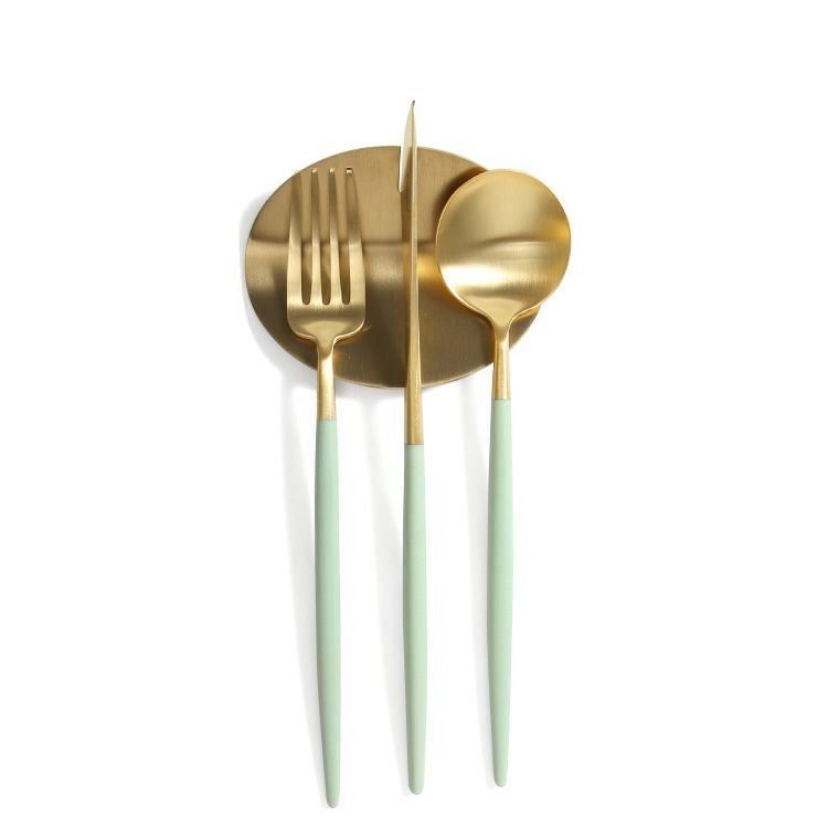 ＜4点セット＞クチポール（Cutipol） ゴア/GOA セラドンマットゴールド デザート3点＆カトラリーレストゴールド1点 [ネコポス対応可(4セットまで)]