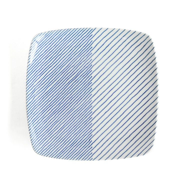白山陶器 重ね縞 反角多様皿 21cm ホワイト/ブルー