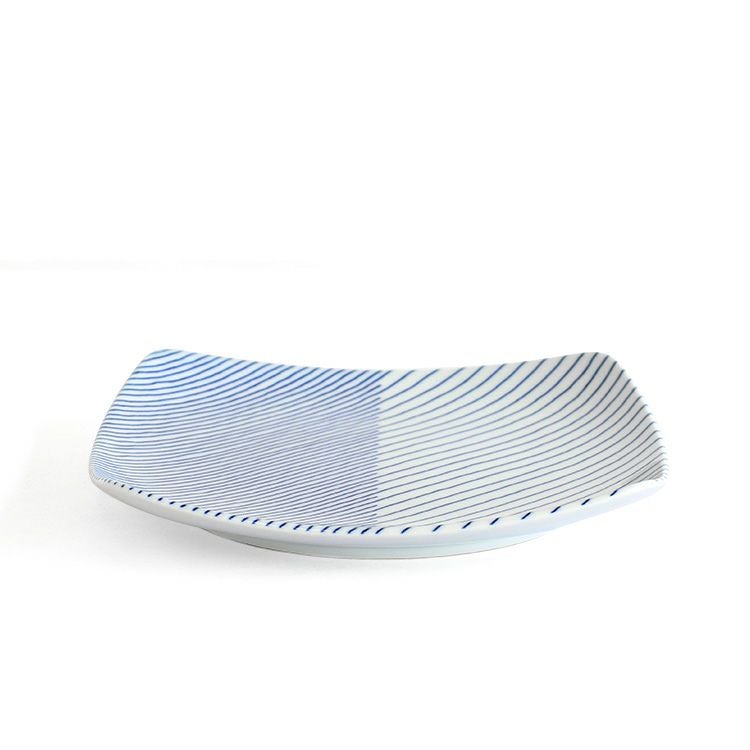 白山陶器 重ね縞 反角多様皿 21cm ホワイト/ブルー