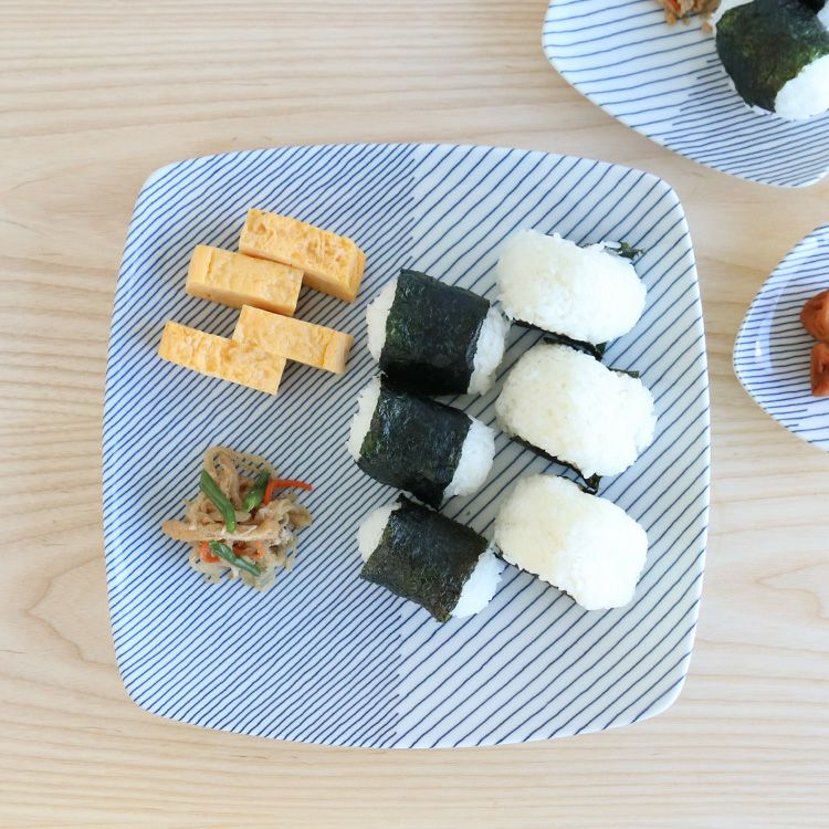 白山陶器 重ね縞 反角盛皿 27.5cm ホワイト/ブルー